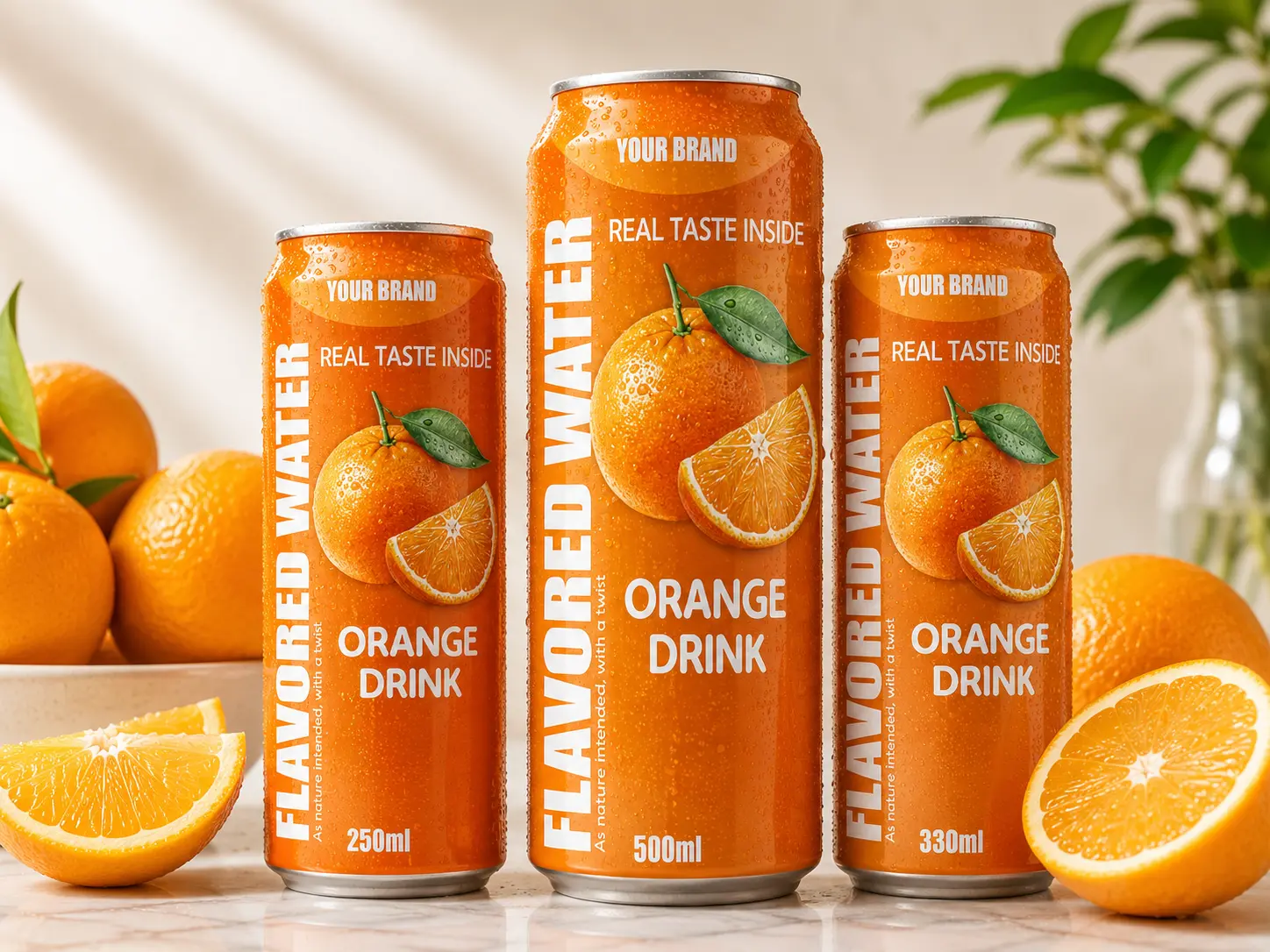 FLAVORED WATER orange drink cans in 250ml, 330ml and 500ml sizes.